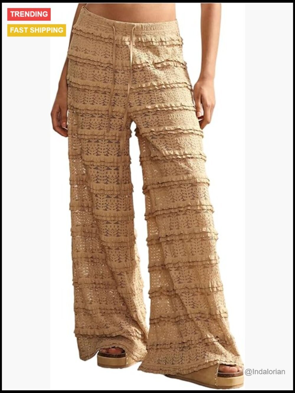 Crochet Lace Pants Ruffle Layered Elastic Waist Mesh Bathing Suit Cover Up